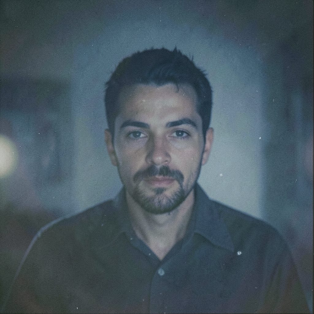 Analog photograph of a worship leader at a microphone on a softly lit stage, deep blue haze and warm amber highlights, visible film grain
