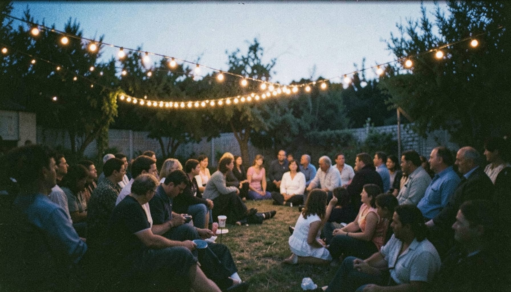 Analog film photograph of an outdoor Christian gathering at dusk, string lights overhead, people seated in quiet reflection, soft golden and indigo hues