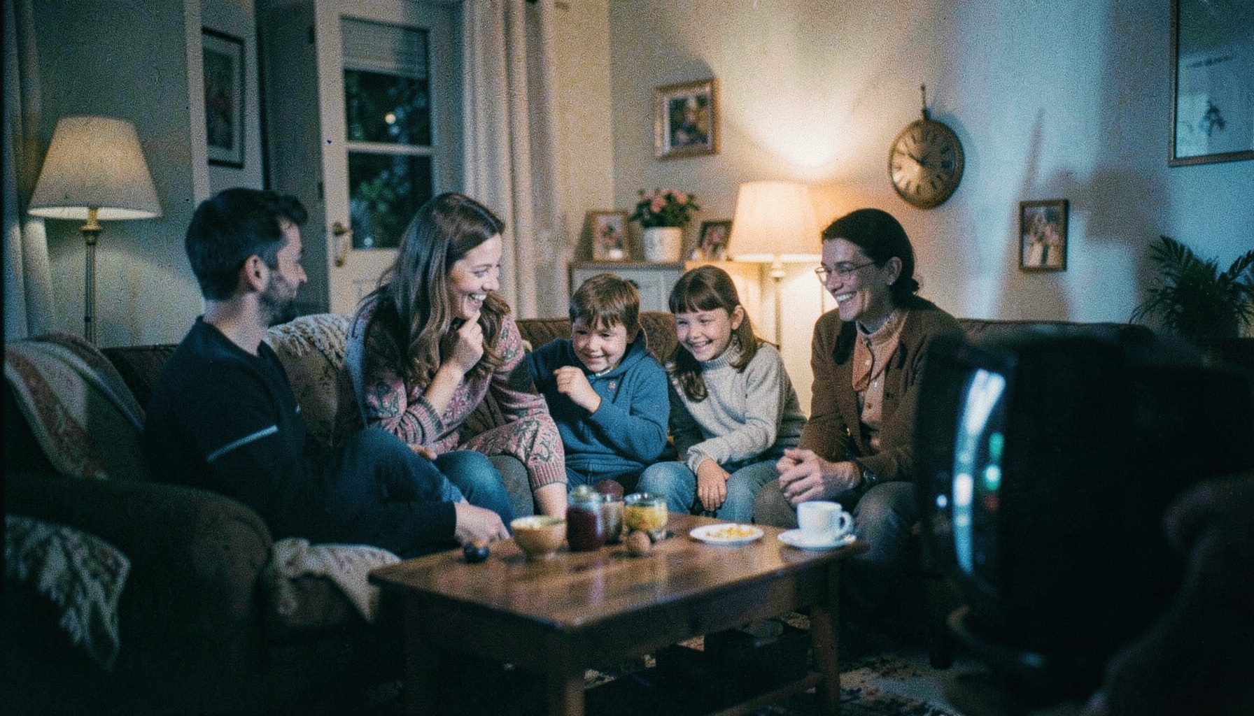 A family gathered around a television in a cozy living room, warm lamp light and gentle smiles, nostalgic film-stock grain